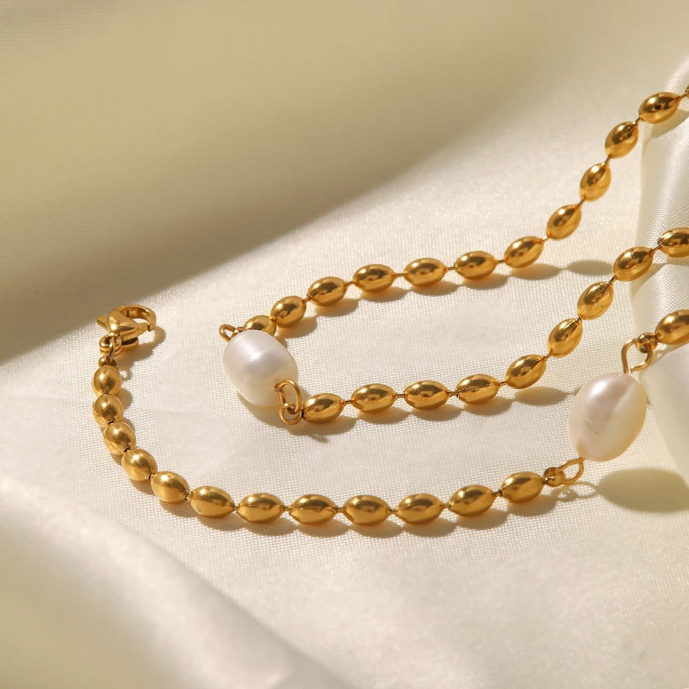 Uworld Vintage Stainless Steel Pearl Necklace 18K Gold Plated Bead Chain Single Pearl Pendant Bracelet Necklace