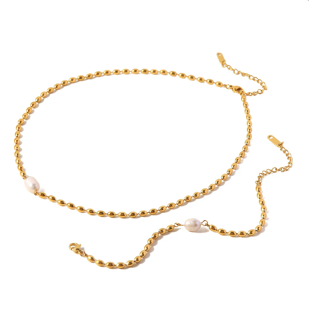 Uworld Vintage Stainless Steel Pearl Necklace 18K Gold Plated Bead Chain Single Pearl Pendant Bracelet Necklace