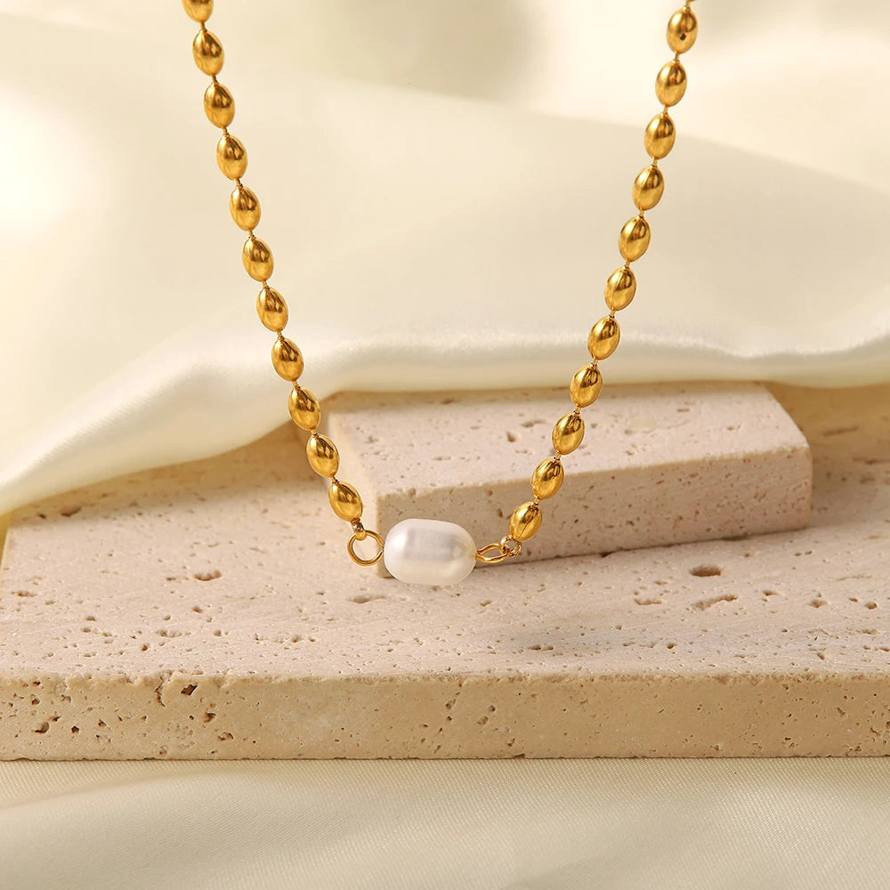 Uworld Vintage Stainless Steel Pearl Necklace 18K Gold Plated Bead Chain Single Pearl Pendant Bracelet Necklace