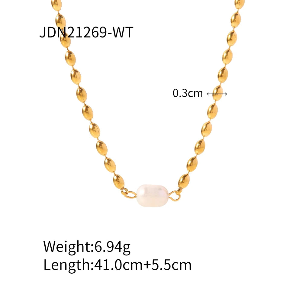 Uworld Vintage Stainless Steel Pearl Necklace 18K Gold Plated Bead Chain Single Pearl Pendant Bracelet Necklace
