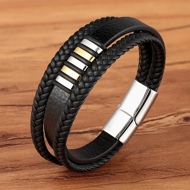 European And American Popular Stainless Steel Leather Bracelet Men's Multilayer Woven Leather Bracelet