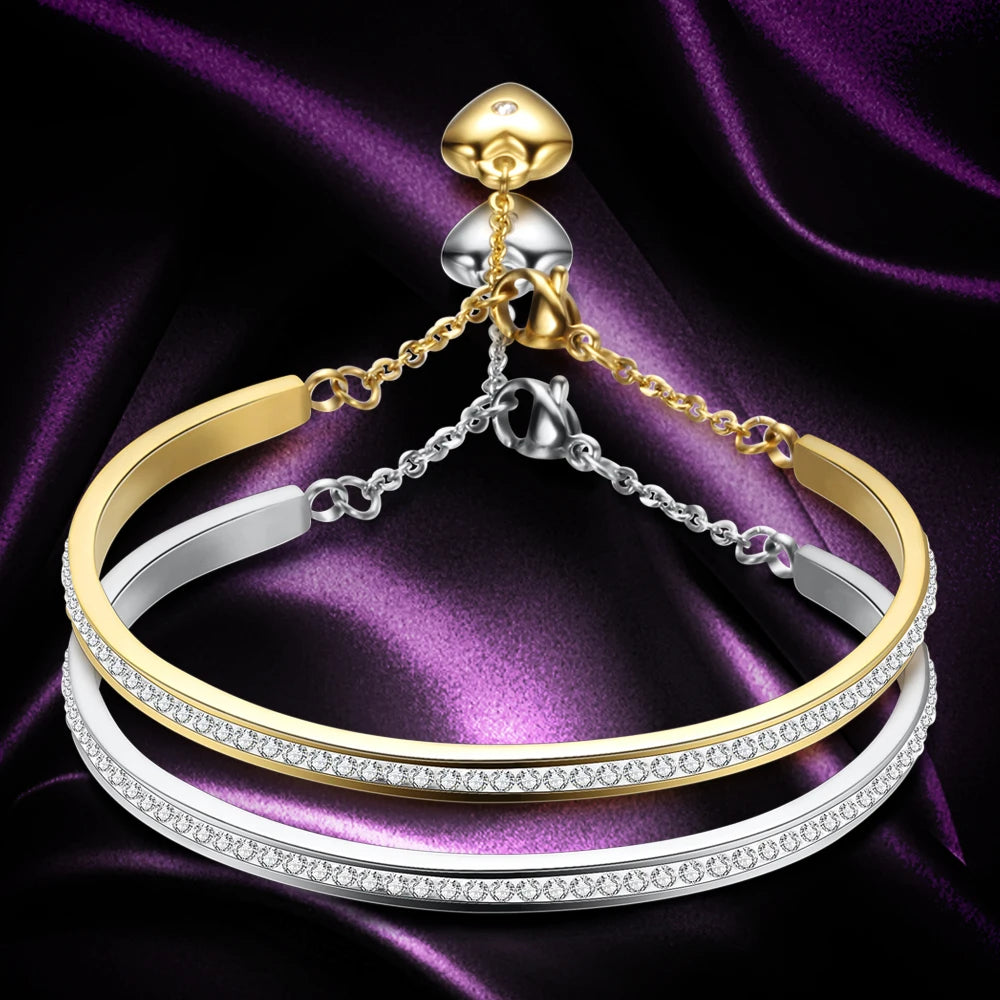 Luxury Wedding Bracelet Jewelry Stainless Steel Gold Color Pulseras Mujer OL Style Cubic Zirconia Fashion Party Bangle