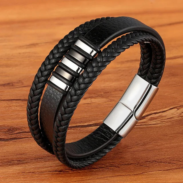 European And American Popular Stainless Steel Leather Bracelet Men's Multilayer Woven Leather Bracelet