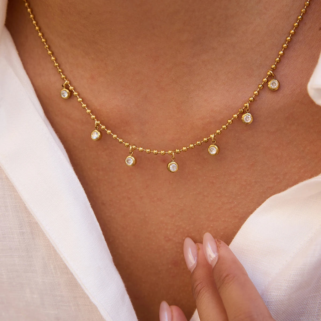 Uworld Simple Classic Round White Zircon Pendant Necklace 18K PVD Stainless Steel Gold Color Waterproof Stackable Chain Necklace