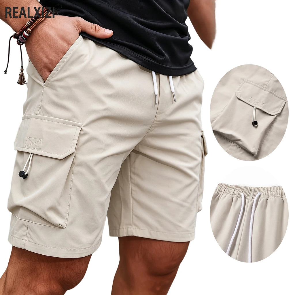 Men's Summer Cargo Shorts Multi-Pocket Drawstring Pants Casual Loose Fit Knee-Length Shorts for Outdoor & Streetwear
