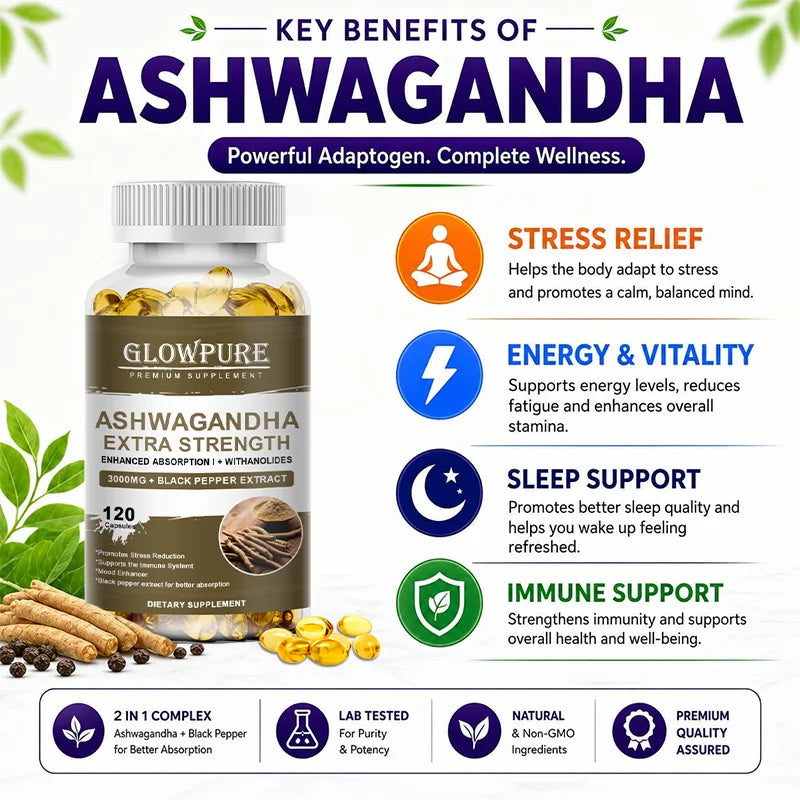 Ashwagandha Root Extract Capsules for Stress, Mood, Sleep, Energy and Focus Premium Formula Supplement