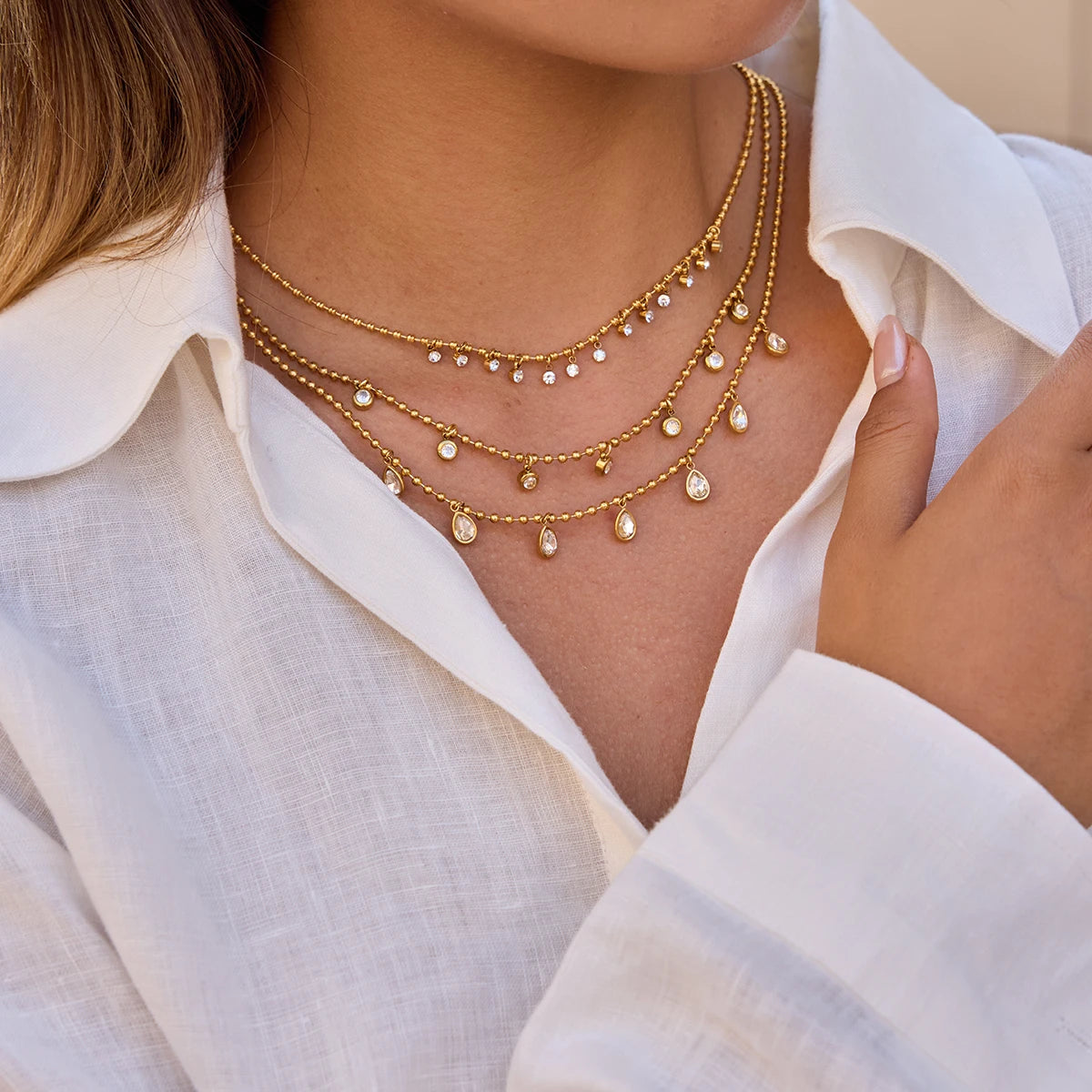 Uworld Simple Classic Round White Zircon Pendant Necklace 18K PVD Stainless Steel Gold Color Waterproof Stackable Chain Necklace
