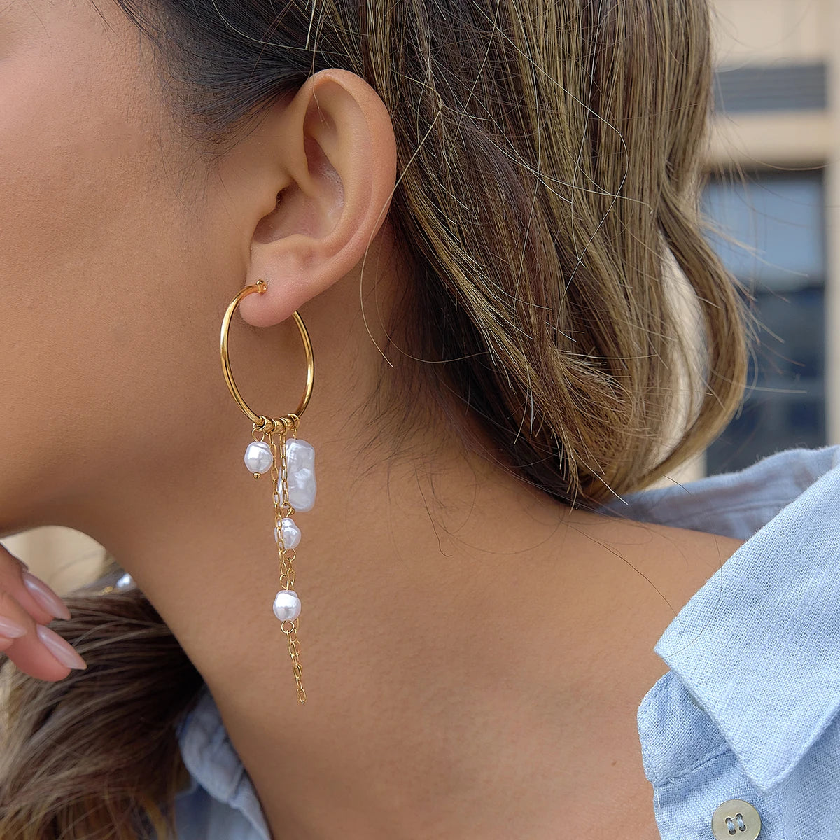 Youthway Elegant Imitation Baroque Pearl Long Tassel Earrings 18K Gold PVD Plated Stainless Steel Hoop Earrings Fashion Jewelry