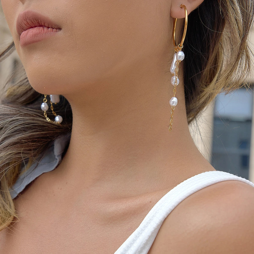 Youthway Elegant Imitation Baroque Pearl Long Tassel Earrings 18K Gold PVD Plated Stainless Steel Hoop Earrings Fashion Jewelry