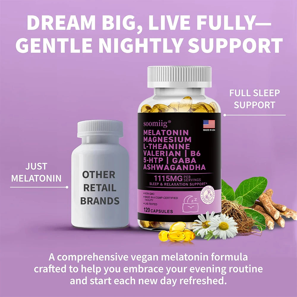 12-in-1 Melatonin 5mg Sleep Capsules 90pcs Vegan, Non-GMO, For Sleep, Stress & Mood Support - Natural Sleep Aids for Adults