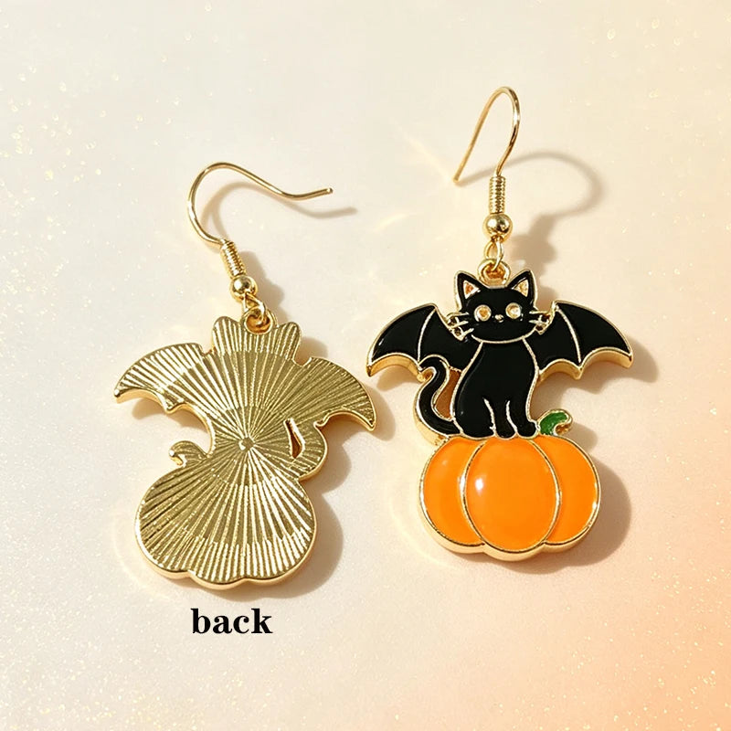 New Halloween Black Cat Bat Pumpkin Metal Earrings Gothic Witch Earrings Women's Thriller Festival Party Dress up Jewelry Gifts
