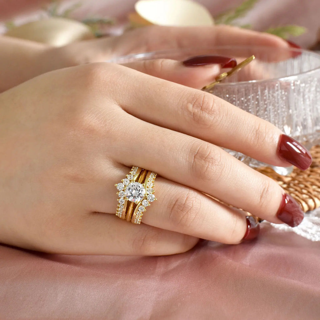 Newshe 14k Yellow Gold Plated Bridal Ring Set for Women 2Ct Round Cut AAAAA Zircon Wedding Engagement Anniversary Band BR1167_Y