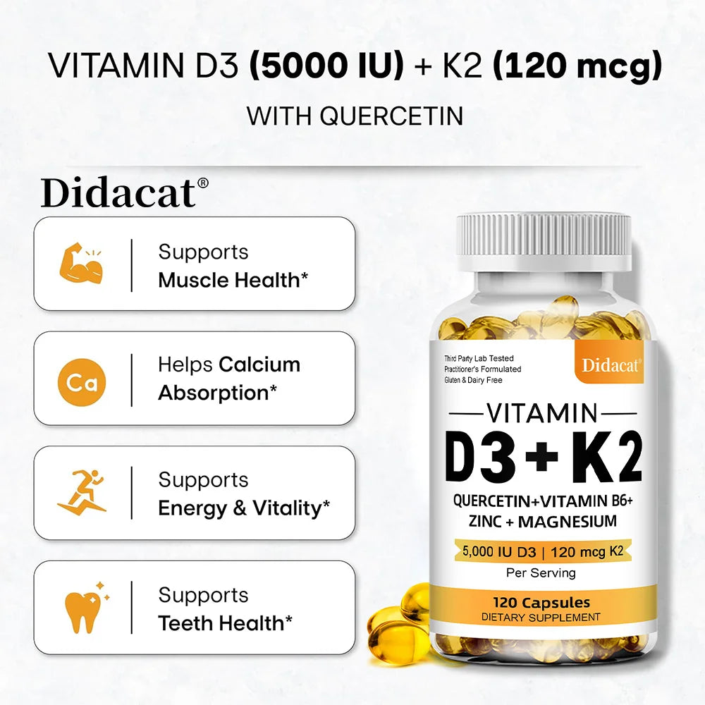 Vitamin D3 K2 Capsules Daily Supplement Healthy Immune System Heart and Bones Multi Diet Supplement for Adults
