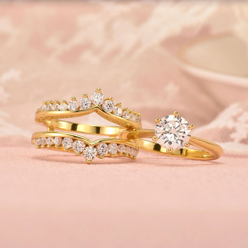 Newshe 14k Yellow Gold Plated Bridal Ring Set for Women 2Ct Round Cut AAAAA Zircon Wedding Engagement Anniversary Band BR1167_Y
