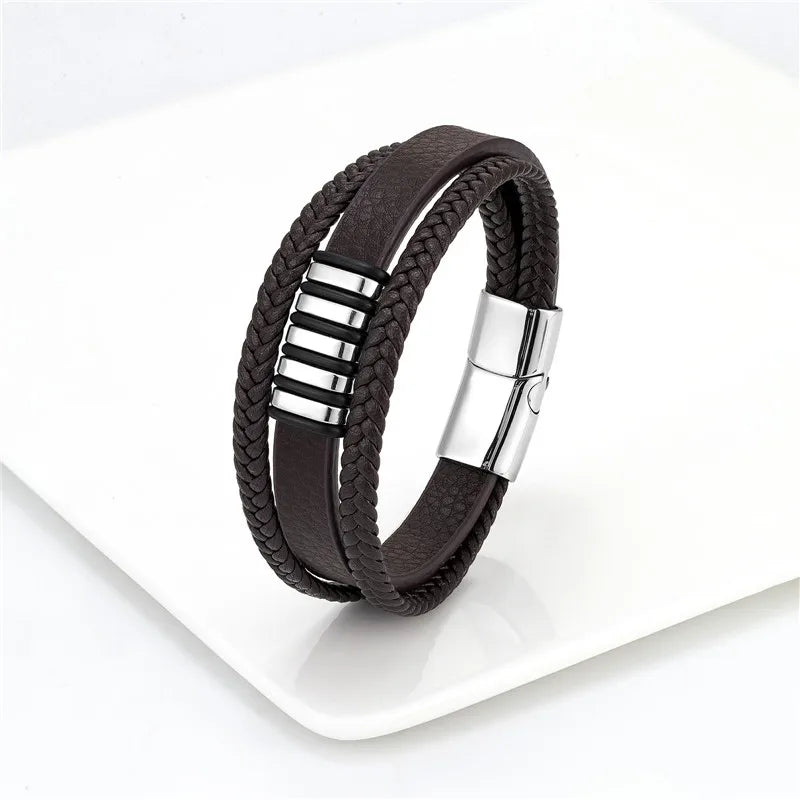 European And American Popular Stainless Steel Leather Bracelet Men's Multilayer Woven Leather Bracelet