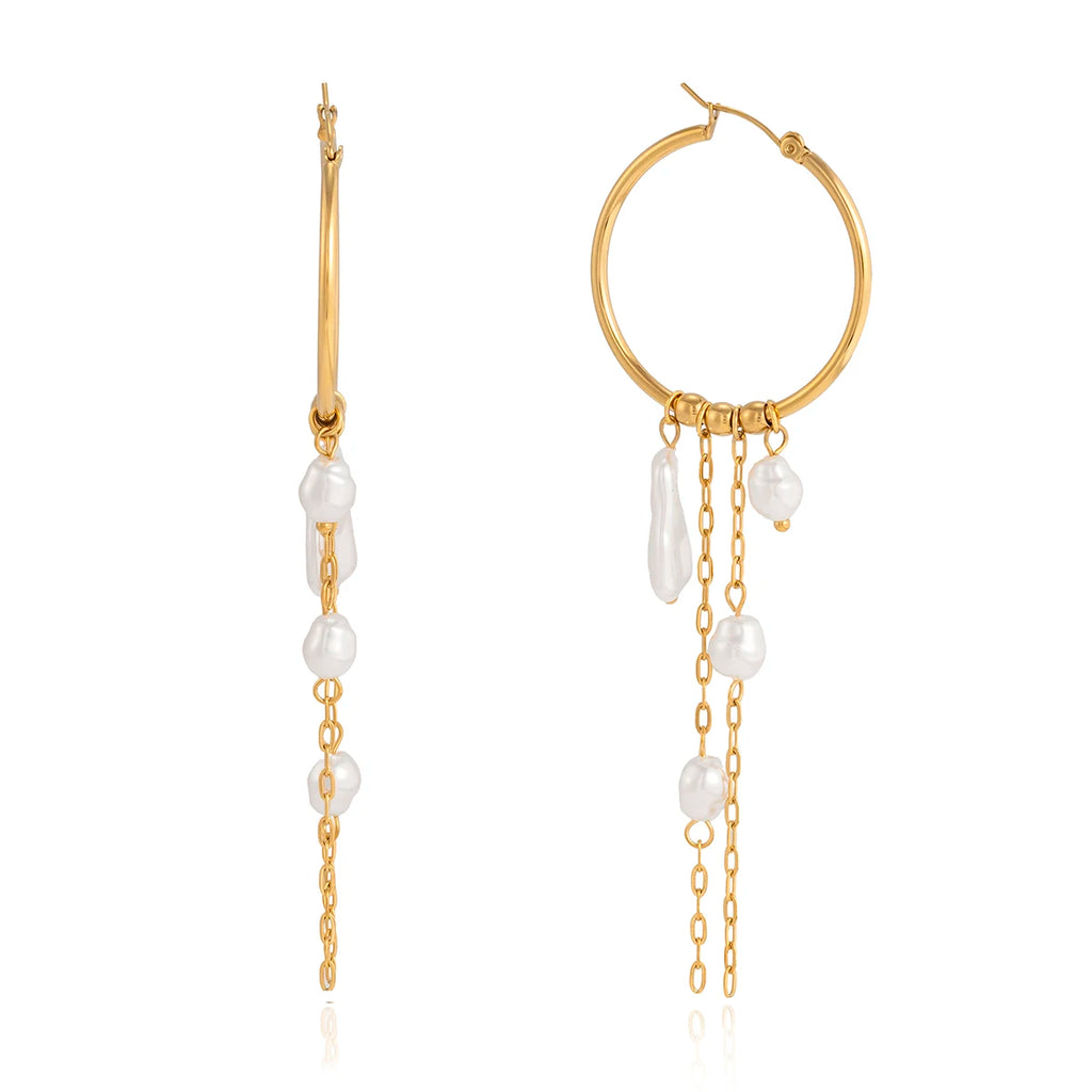 Youthway Elegant Imitation Baroque Pearl Long Tassel Earrings 18K Gold PVD Plated Stainless Steel Hoop Earrings Fashion Jewelry