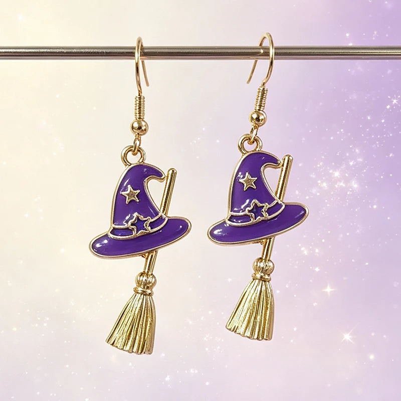 New Halloween Witch Hat Broom Metal Earrings Purple Black Star Witch Earrings Women's Thriller Party Role Playing Jewelry