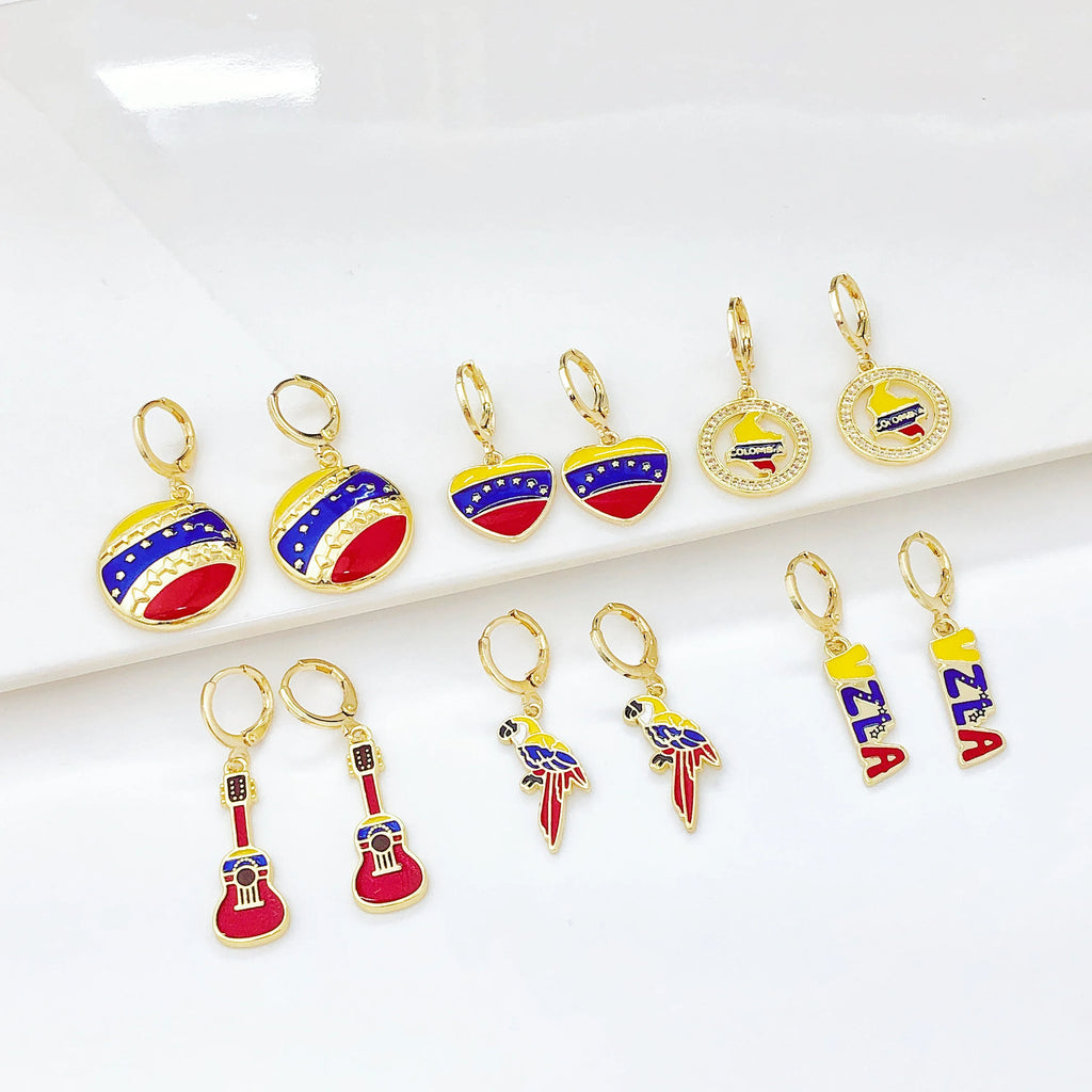 New Trendy Venezuela Country Flag Earrings Gold Plated Heart Guitar Parrot Drop Earrings for Women Daily Party Patriotic Gift