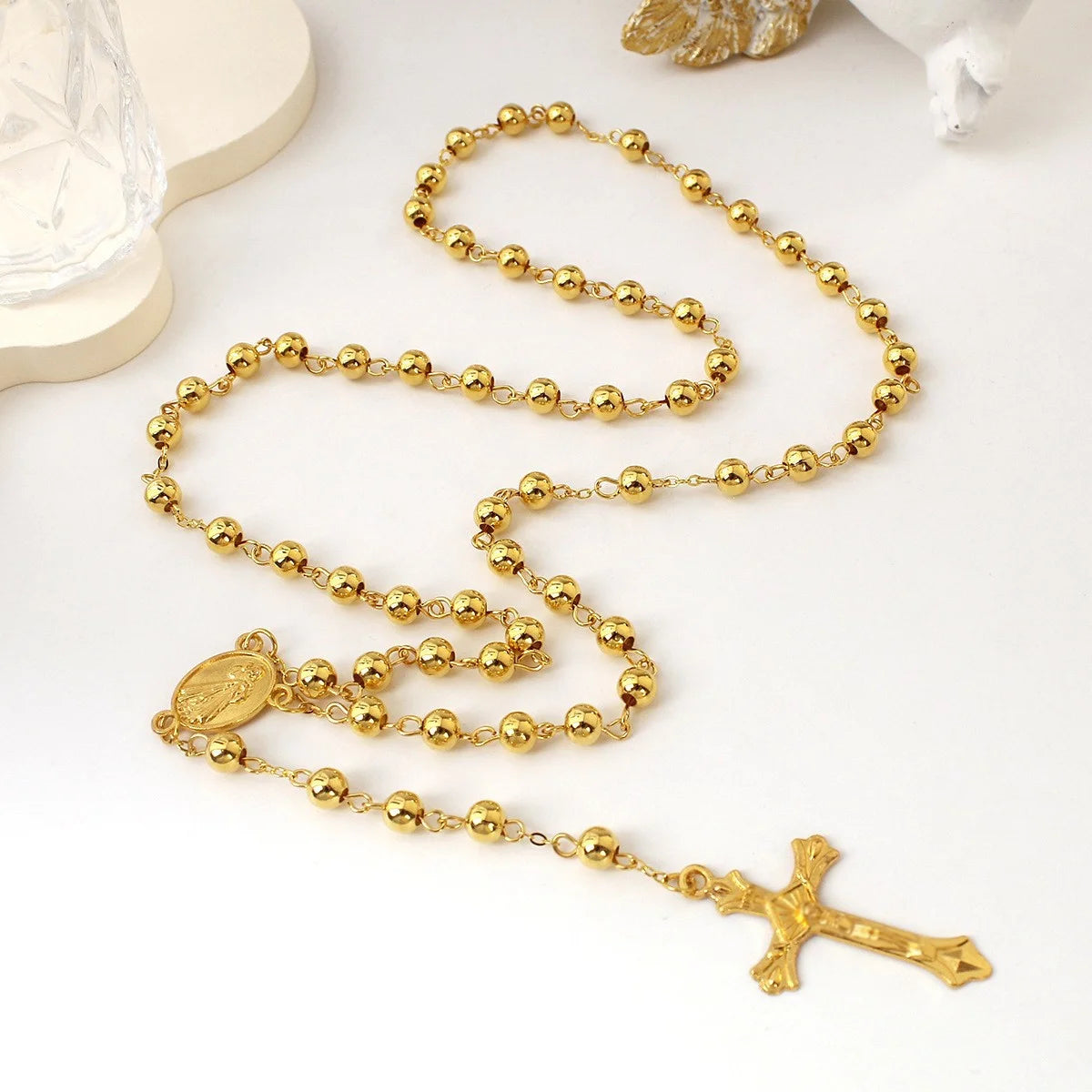 6MM imitation gold iron bead rosary necklace, high quality rosary necklace, beautiful cross pendant rose necklace,