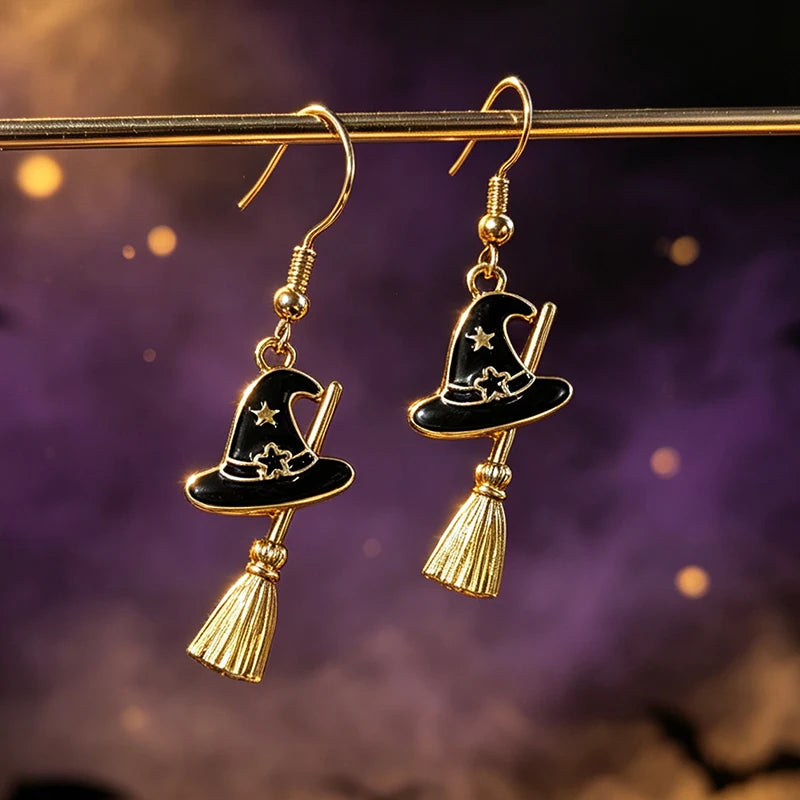 New Halloween Witch Hat Broom Metal Earrings Purple Black Star Witch Earrings Women's Thriller Party Role Playing Jewelry