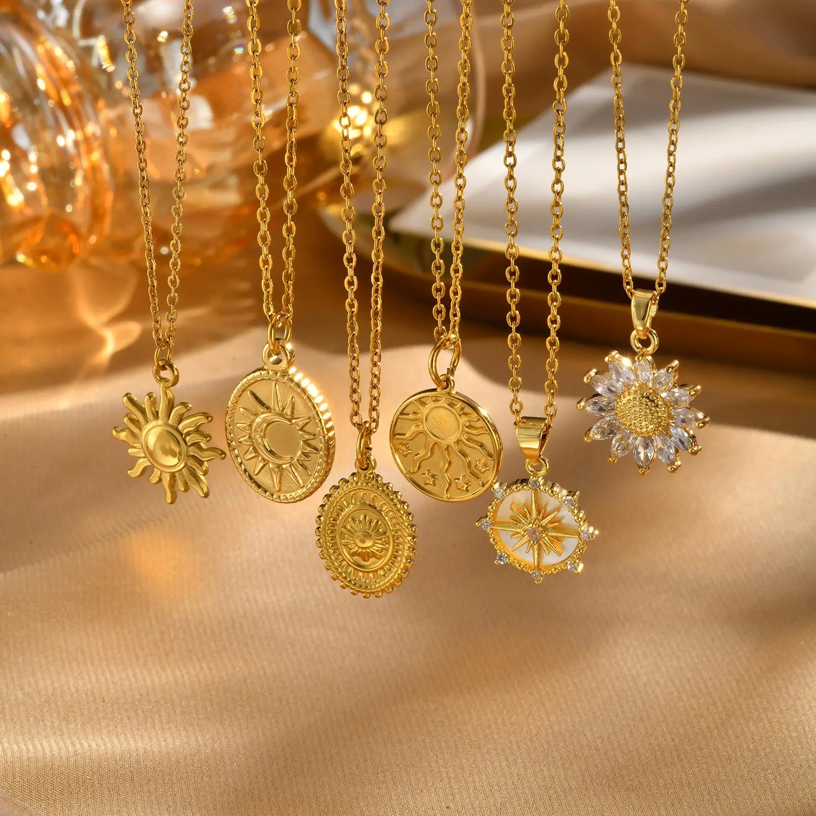 Stainless Steel Spiral Sun Flower Pendant Necklace for Women 18K Gold Plated Stackable Boho Necklace Waterproof Fashion Jewelry