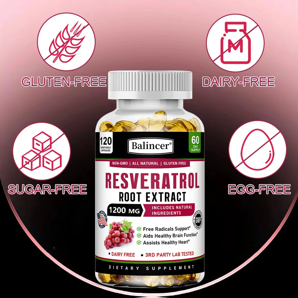 Resveratrol Root Extract Capsules - Antioxidant Anti-Aging, Brain & Heart Health, Skin Brightening & Immune Support, 120 Caps