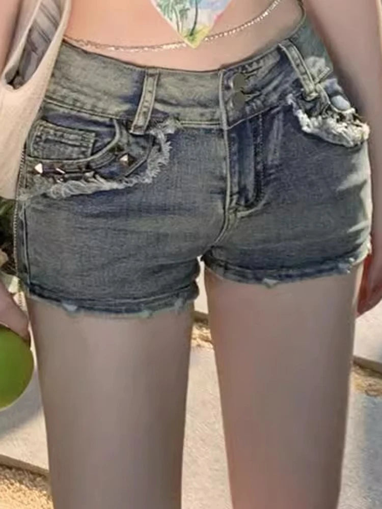 Women Korean Retro Y2k Shorts Pants Lady Vintage High Street Hot Pants Female Blue Low Waist Elastic Wrapped Hip Short Jeans