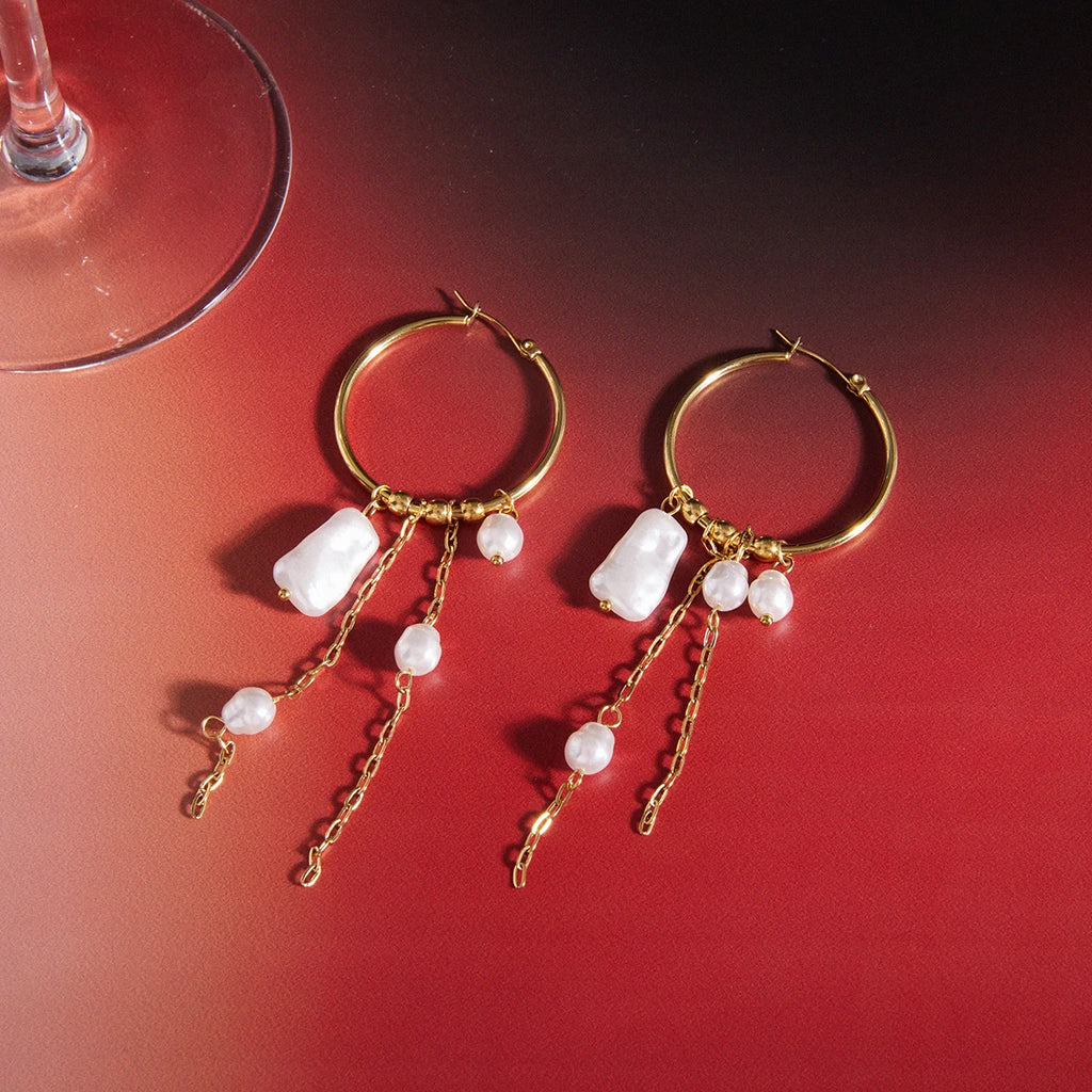 Youthway Elegant Imitation Baroque Pearl Long Tassel Earrings 18K Gold PVD Plated Stainless Steel Hoop Earrings Fashion Jewelry