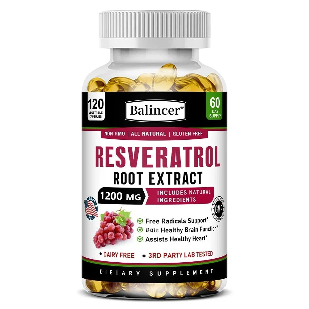Resveratrol Root Extract Capsules - Antioxidant Anti-Aging, Brain & Heart Health, Skin Brightening & Immune Support, 120 Caps