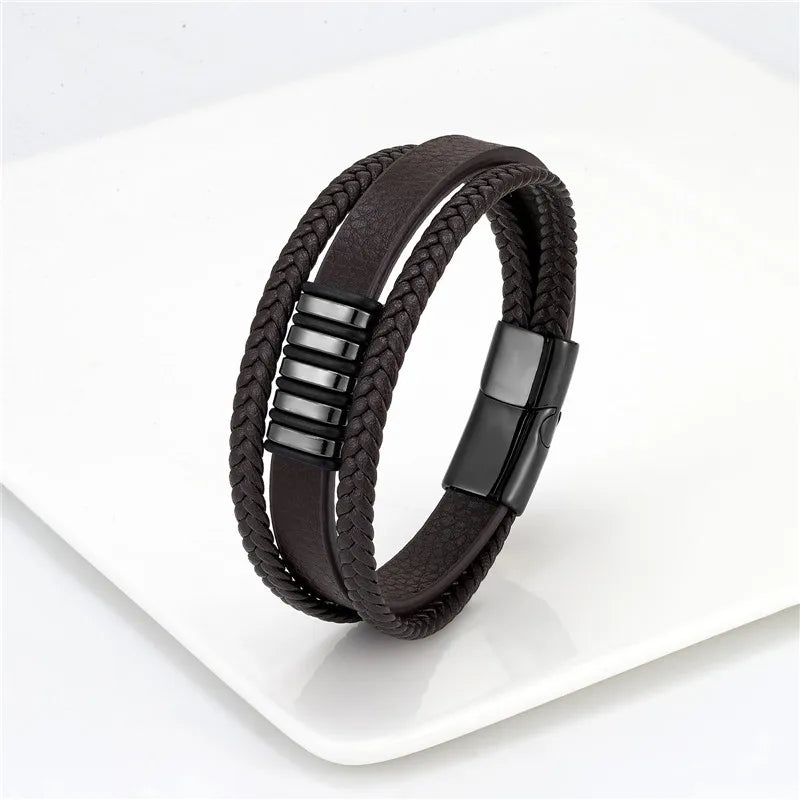 European And American Popular Stainless Steel Leather Bracelet Men's Multilayer Woven Leather Bracelet