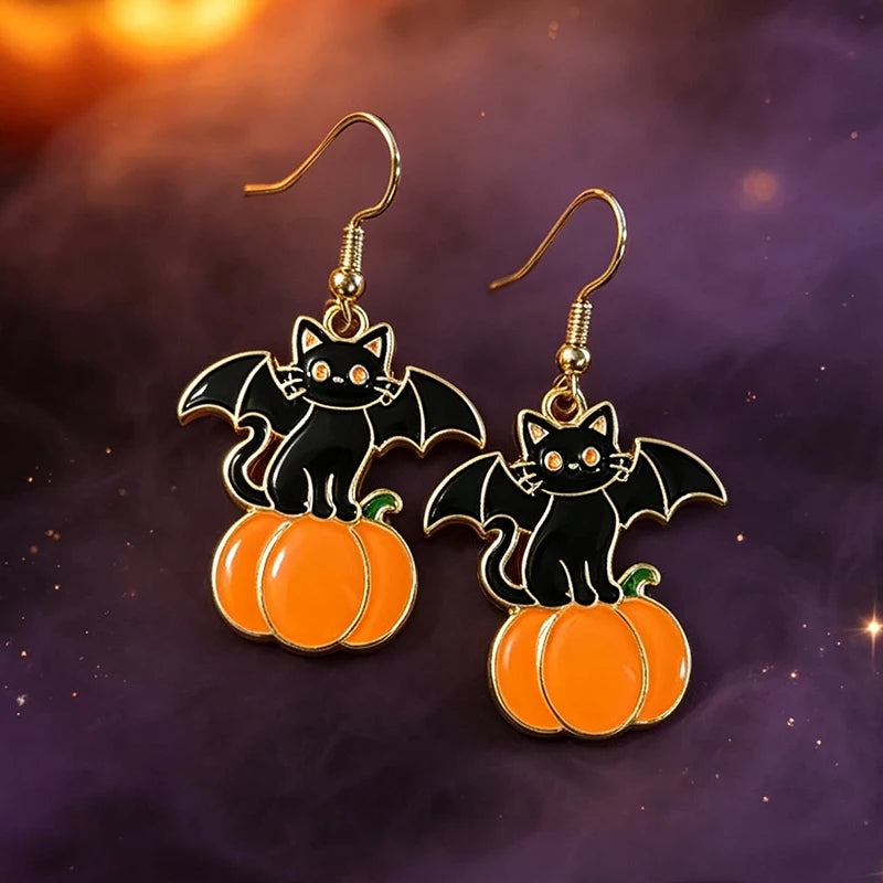 New Halloween Black Cat Bat Pumpkin Metal Earrings Gothic Witch Earrings Women's Thriller Festival Party Dress up Jewelry Gifts