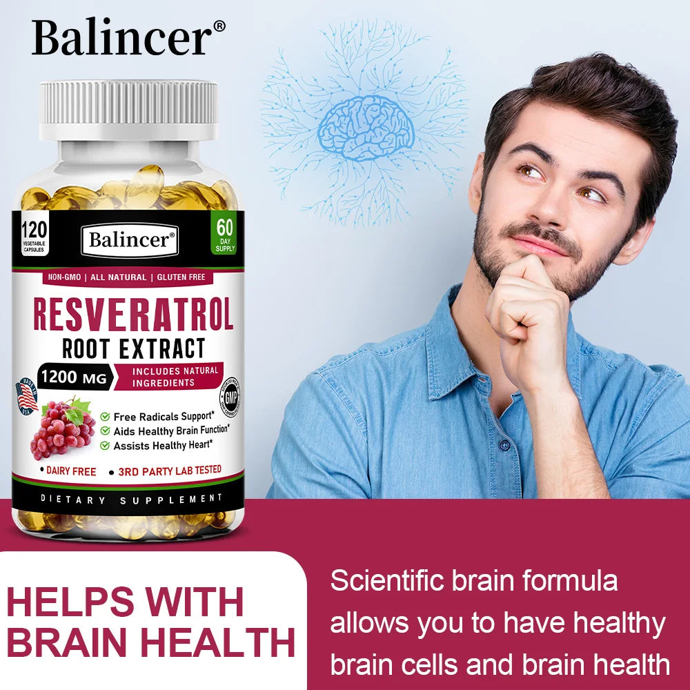 Resveratrol Root Extract Capsules - Antioxidant Anti-Aging, Brain & Heart Health, Skin Brightening & Immune Support, 120 Caps