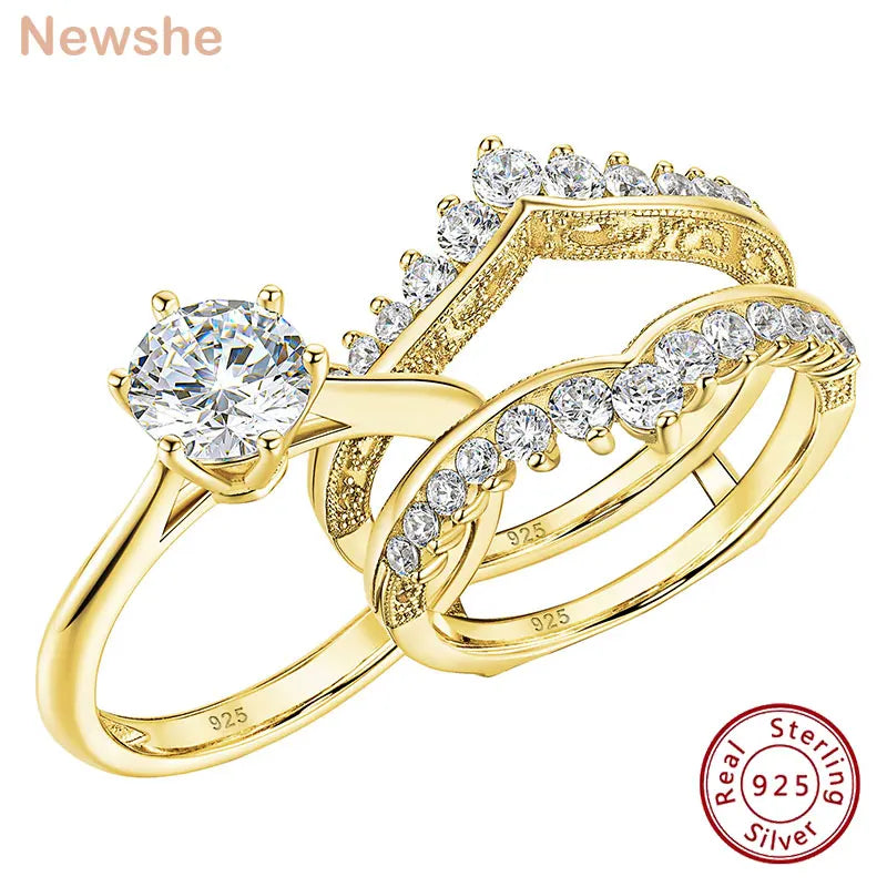 Newshe 14k Yellow Gold Plated Bridal Ring Set for Women 2Ct Round Cut AAAAA Zircon Wedding Engagement Anniversary Band BR1167_Y