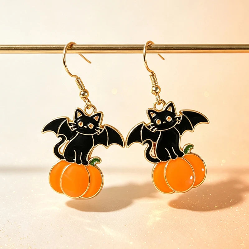 New Halloween Black Cat Bat Pumpkin Metal Earrings Gothic Witch Earrings Women's Thriller Festival Party Dress up Jewelry Gifts