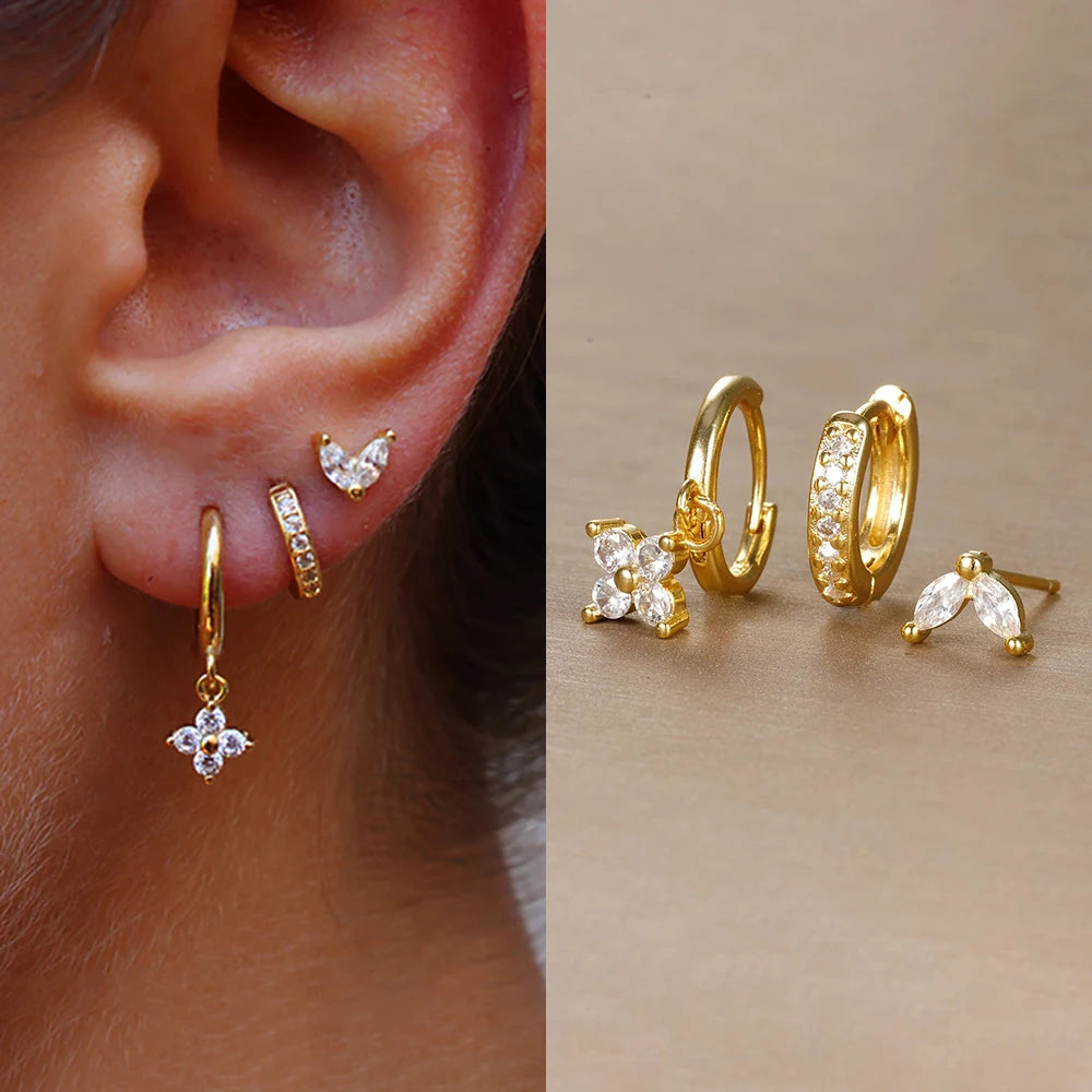 3PCS Trendy Stainless Steel Flower Drop Earring Set For Women Crystal Zirconia Dangle Earring Hypoallerg Piercing Jewelry aretes