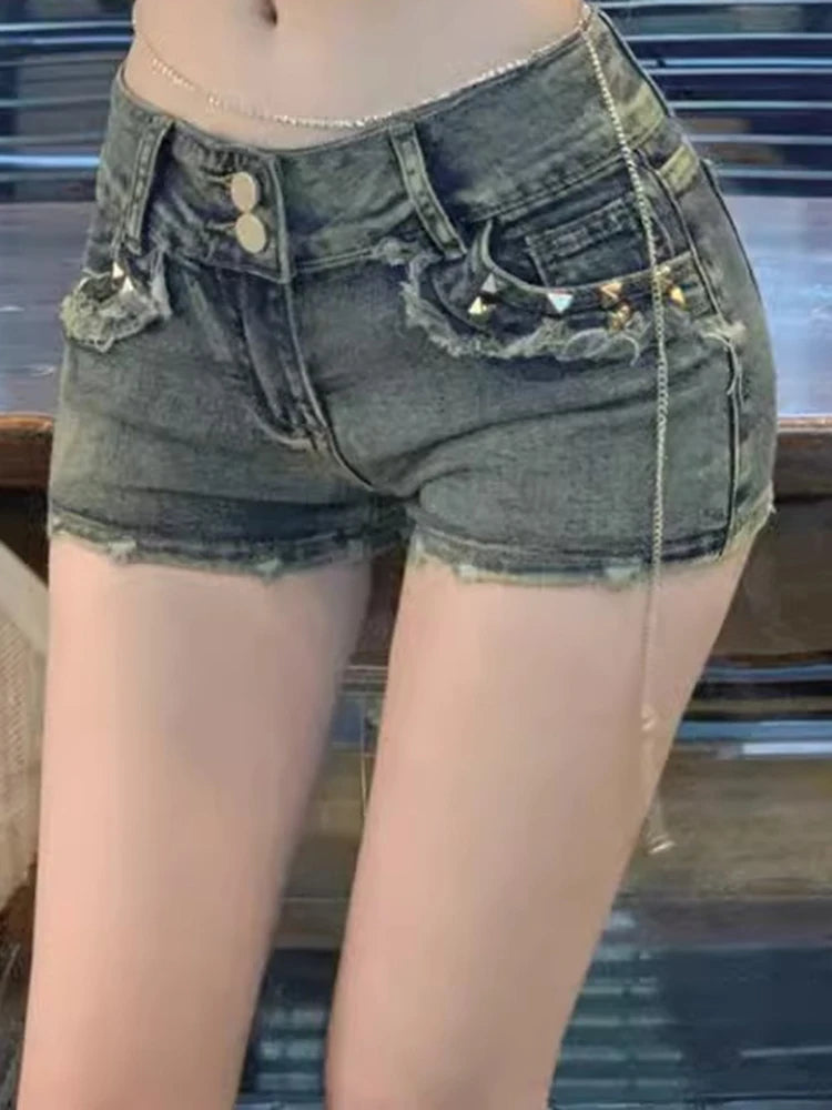Women Korean Retro Y2k Shorts Pants Lady Vintage High Street Hot Pants Female Blue Low Waist Elastic Wrapped Hip Short Jeans