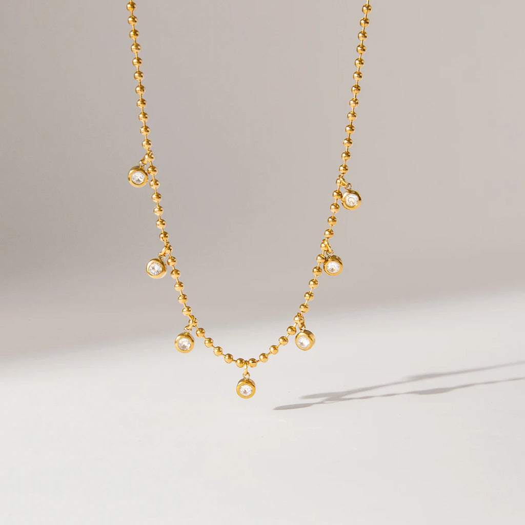 Uworld Simple Classic Round White Zircon Pendant Necklace 18K PVD Stainless Steel Gold Color Waterproof Stackable Chain Necklace