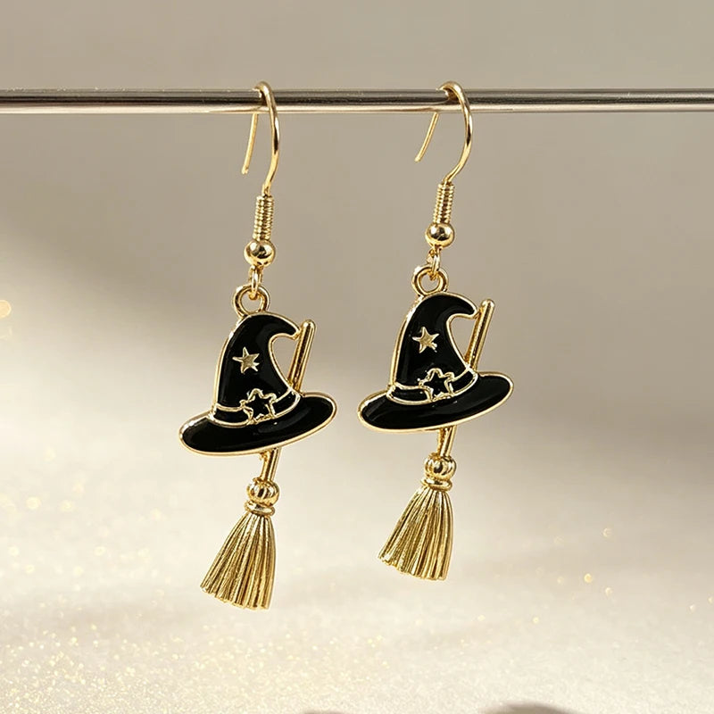 New Halloween Witch Hat Broom Metal Earrings Purple Black Star Witch Earrings Women's Thriller Party Role Playing Jewelry