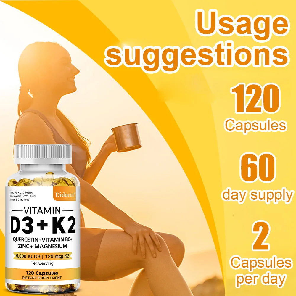 Vitamin D3 K2 Capsules Daily Supplement Healthy Immune System Heart and Bones Multi Diet Supplement for Adults