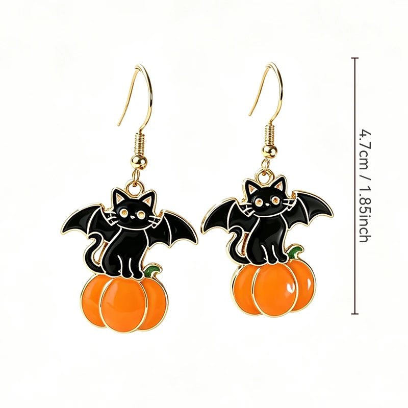 New Halloween Black Cat Bat Pumpkin Metal Earrings Gothic Witch Earrings Women's Thriller Festival Party Dress up Jewelry Gifts