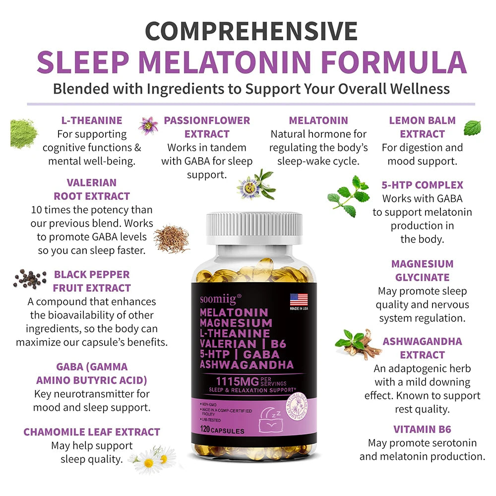 12-in-1 Melatonin 5mg Sleep Capsules 90pcs Vegan, Non-GMO, For Sleep, Stress & Mood Support - Natural Sleep Aids for Adults