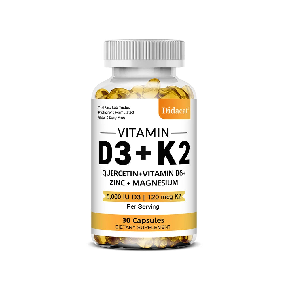 Vitamin D3 K2 Capsules Daily Supplement Healthy Immune System Heart and Bones Multi Diet Supplement for Adults