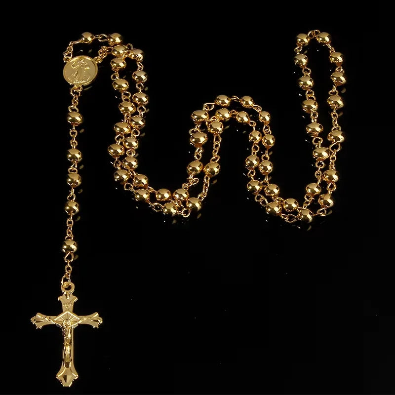 6MM imitation gold iron bead rosary necklace, high quality rosary necklace, beautiful cross pendant rose necklace,