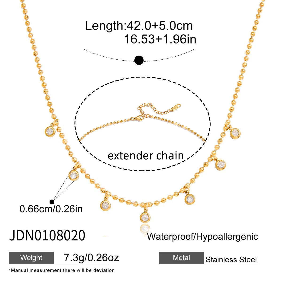 Uworld Simple Classic Round White Zircon Pendant Necklace 18K PVD Stainless Steel Gold Color Waterproof Stackable Chain Necklace