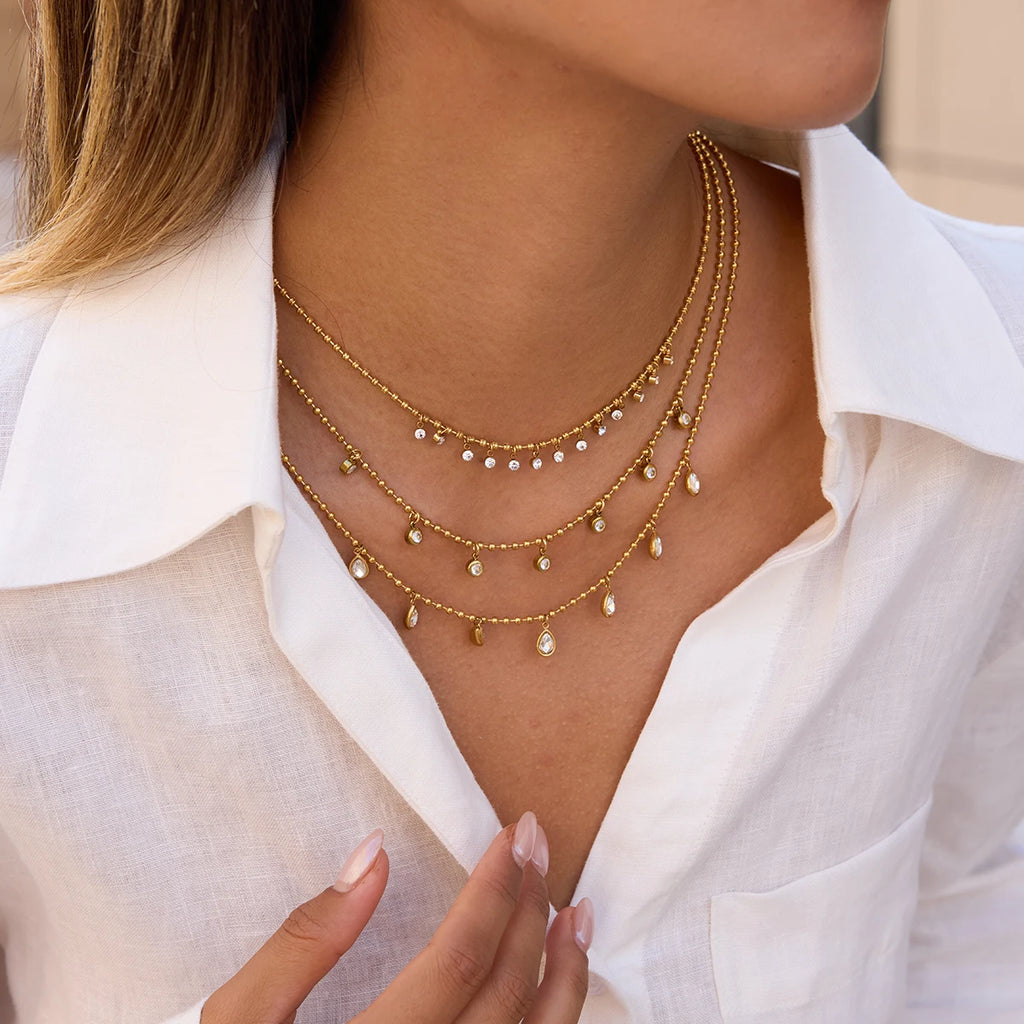 Uworld Simple Classic Round White Zircon Pendant Necklace 18K PVD Stainless Steel Gold Color Waterproof Stackable Chain Necklace
