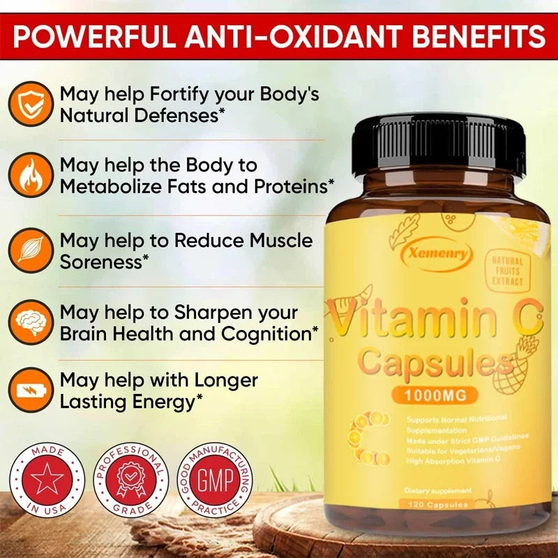 Vitamin C Capsules 1000mg - Immune Support, Cellular Energy Production, Improve Skin Brightening, Skin, Teeth & Heart Health