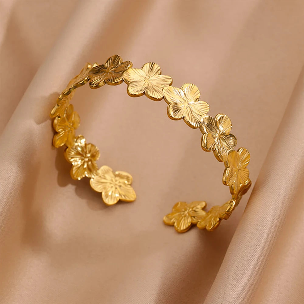 Stainless Steel Wide Bangles for Women Luxury Gold Color Chunky Flower Cuff Bangle Bracelet femme Vintage Wedding Jewelry Gifts