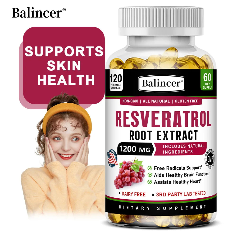 Resveratrol Root Extract Capsules - Antioxidant Anti-Aging, Brain & Heart Health, Skin Brightening & Immune Support, 120 Caps