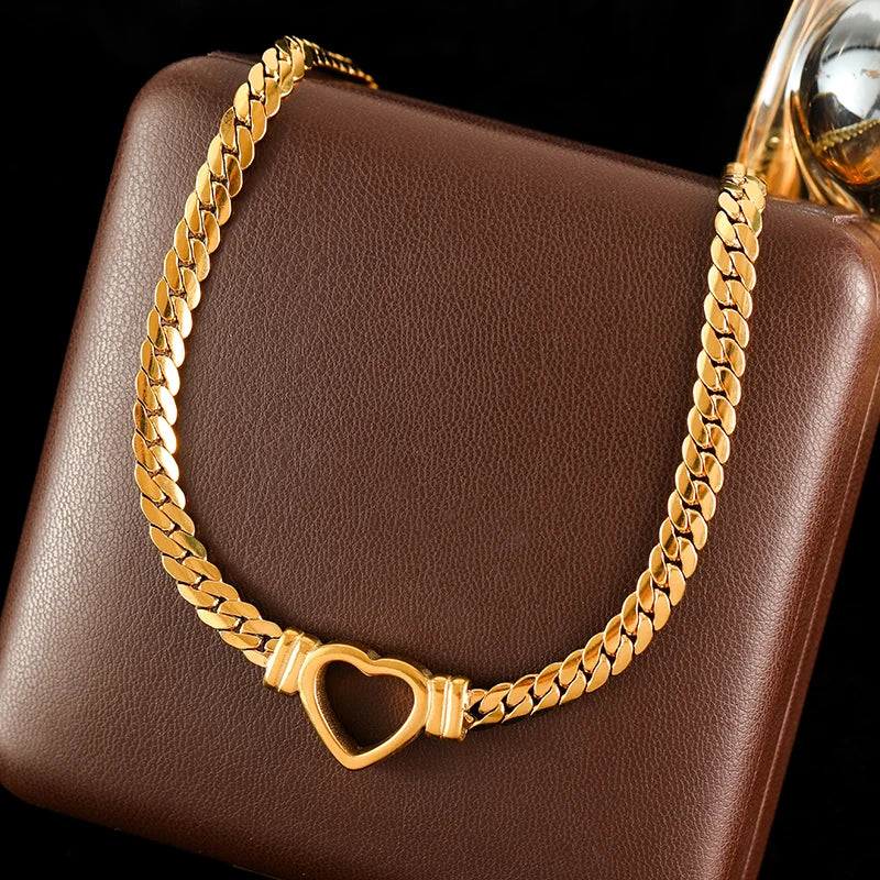 GANEMLY 316L Stainless Steel Hollow Heart Necklace Bracelets Waterproof Jewelry Charm Metalic Gold Color Chain Fashion Lady Gift