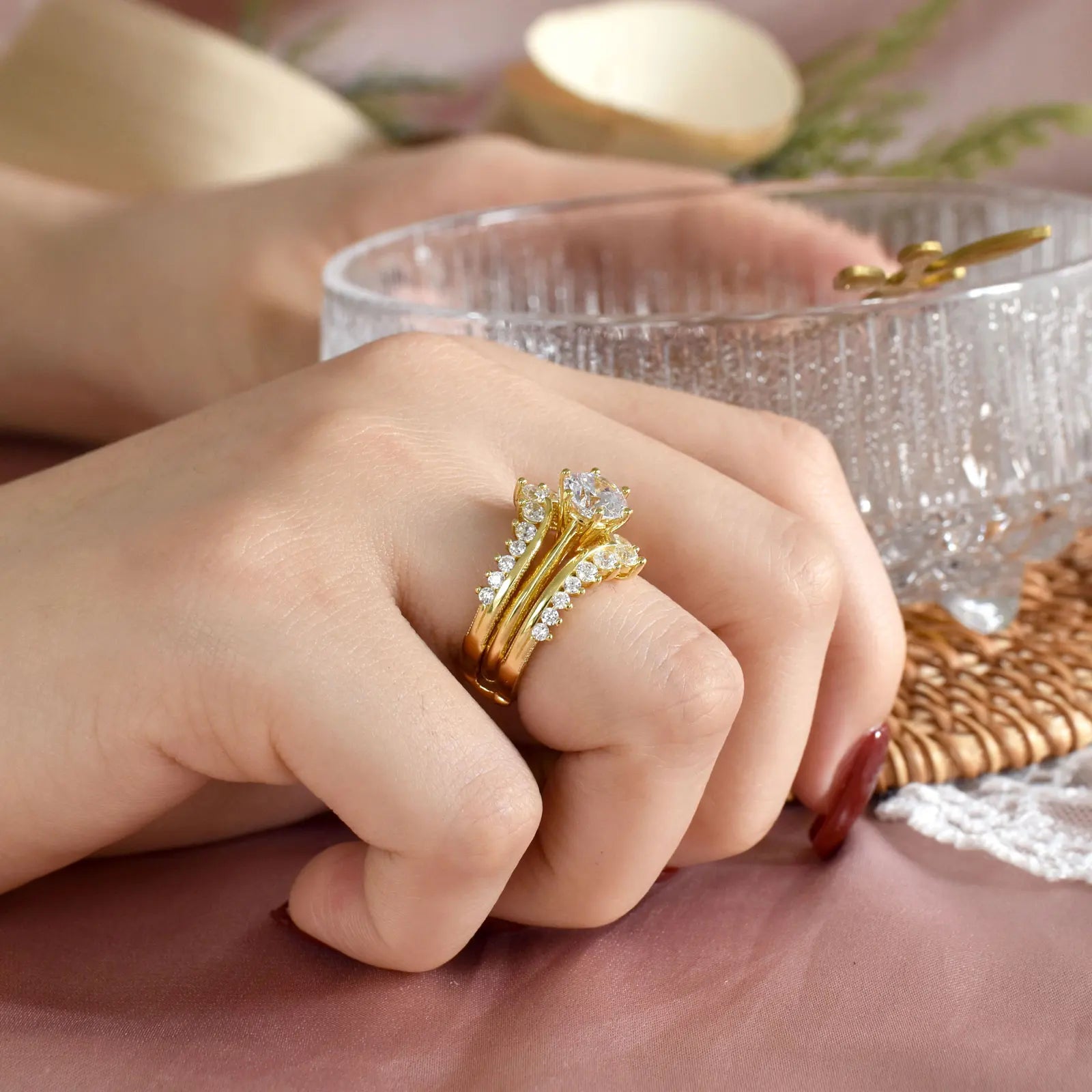 Newshe 14k Yellow Gold Plated Bridal Ring Set for Women 2Ct Round Cut AAAAA Zircon Wedding Engagement Anniversary Band BR1167_Y